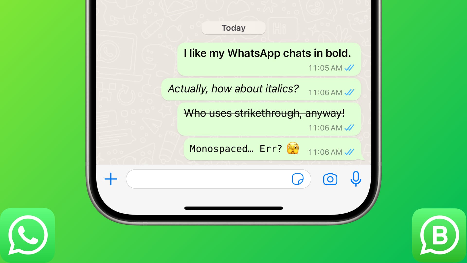 iDownloadBlog's tweet card. Learn how to make a word or text paragraph in your WhatsApp conversations as bold, italic, strikethrough, or monospaced on your iPhone.