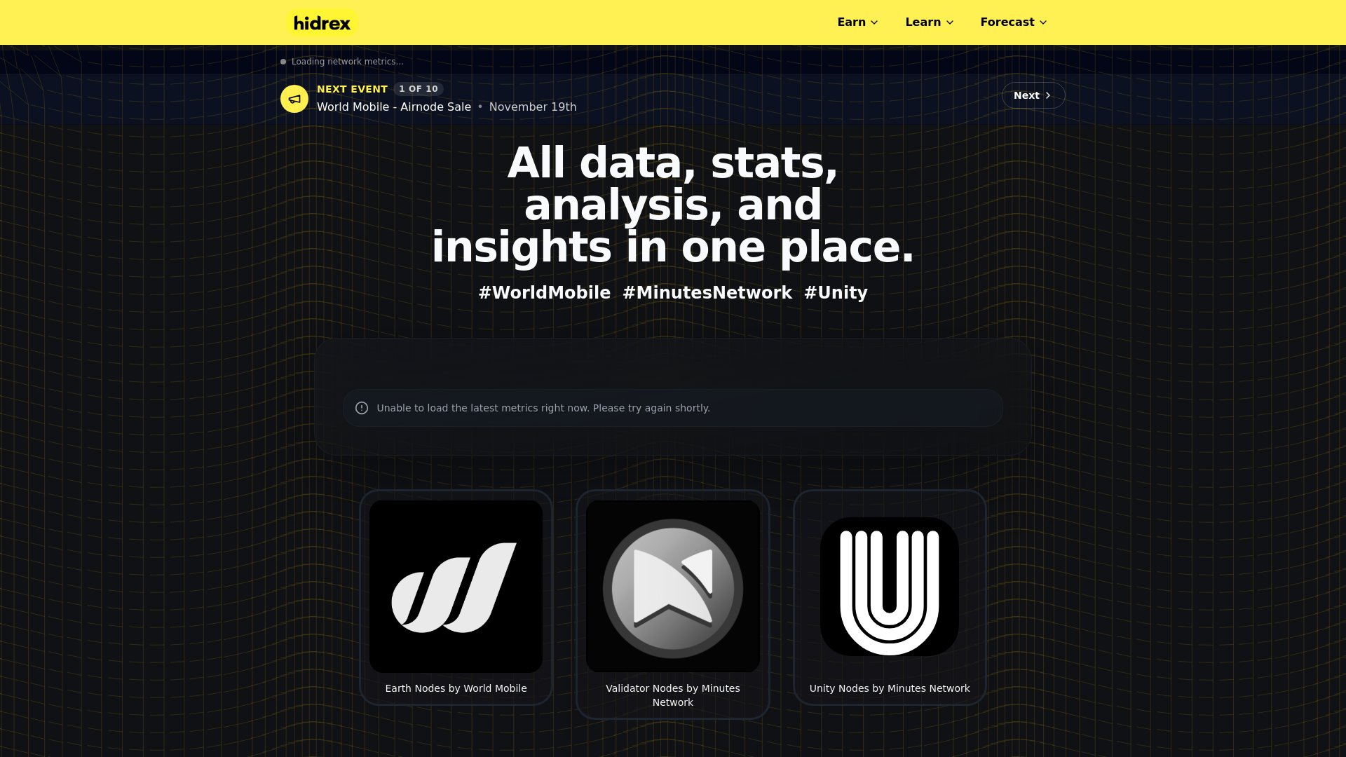 hidrexnodes's tweet card. Get daily Telegram summaries for World Mobile (WMTx), Minutes Network (MNTx), and Unity Nodes. Track Earth Node rewards, Validator Node updates, and Unity farming returns.