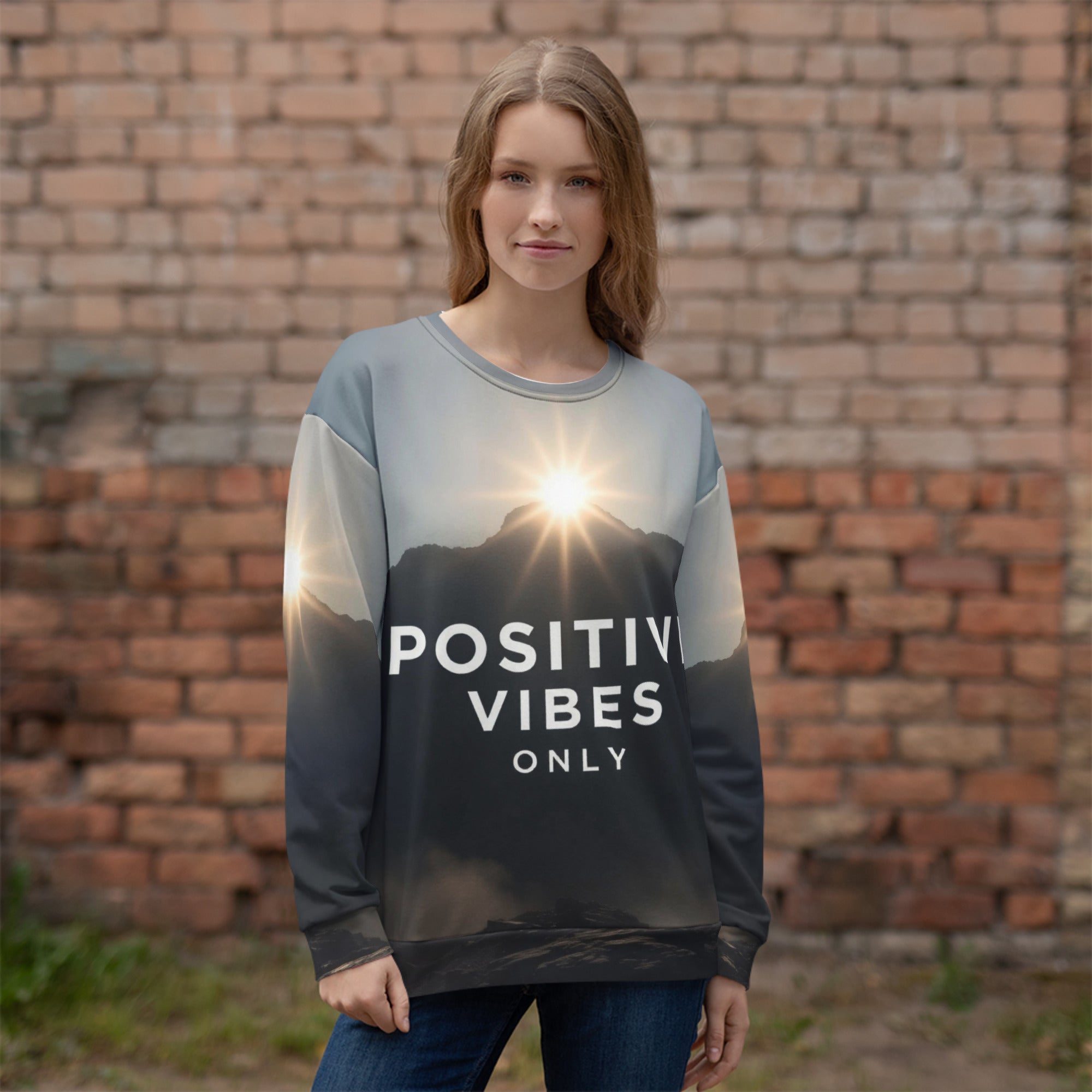 designdelight25's tweet card. Soak in the sunrise and spread good energy with the 'Positive Vibes Only' sweatshirt. This tranquil mountain scene is printed in full on ultra-soft.