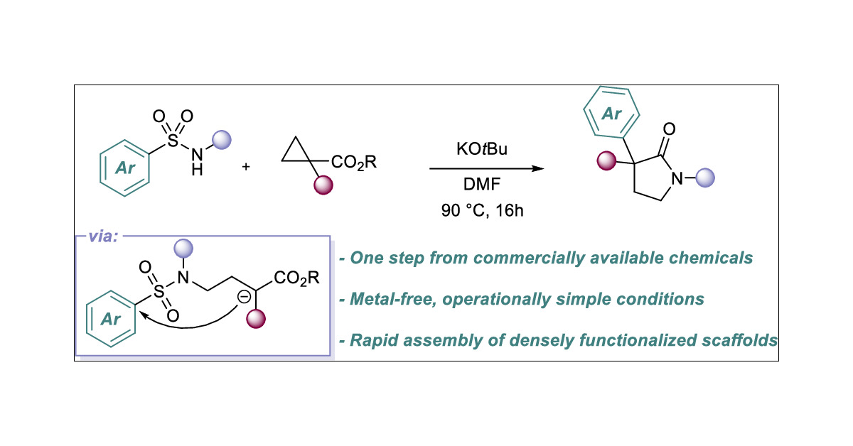 greaneygroup's tweet card. Arylsulfonamides have been found to react with cyclopropane diesters under simple base treatment to give α-arylated pyrrolidinones. This one-pot process comprises three steps: nucleophilic ring-ope...