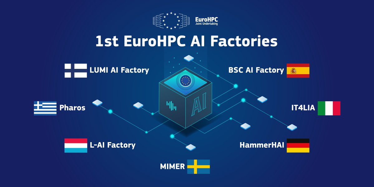 ealpaydin's tweet card. The EuroHPC Joint Undertaking (EuroHPC JU) selected today the sites that will host the first European AI Factories, set to be deployed next year across Europe: in Finland, Germany, Greece, Italy,...