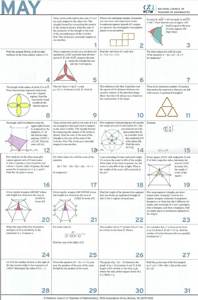 KarenCampe's tweet card. Spring is here, and I’m sharing the May Calendar for some problem solving enjoyment in the last stretch of your school year. This is the May 2019 Calendar of Problems from 6 years ago for you…