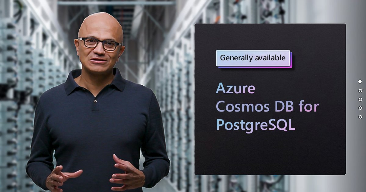 AzureCosmosDB's tweet card. Today, we’re excited to announce Azure Cosmos DB for PostgreSQL, a new Generally Available service to build cloud-native relational applications. This service brings developers the latest PostgreSQL...