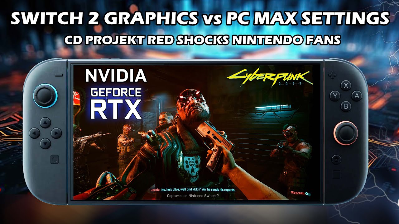 storvensen's tweet card. Switch 2 Cyberpunk 2077 Graphics Comparison vs PC 4K Max Settings/P...