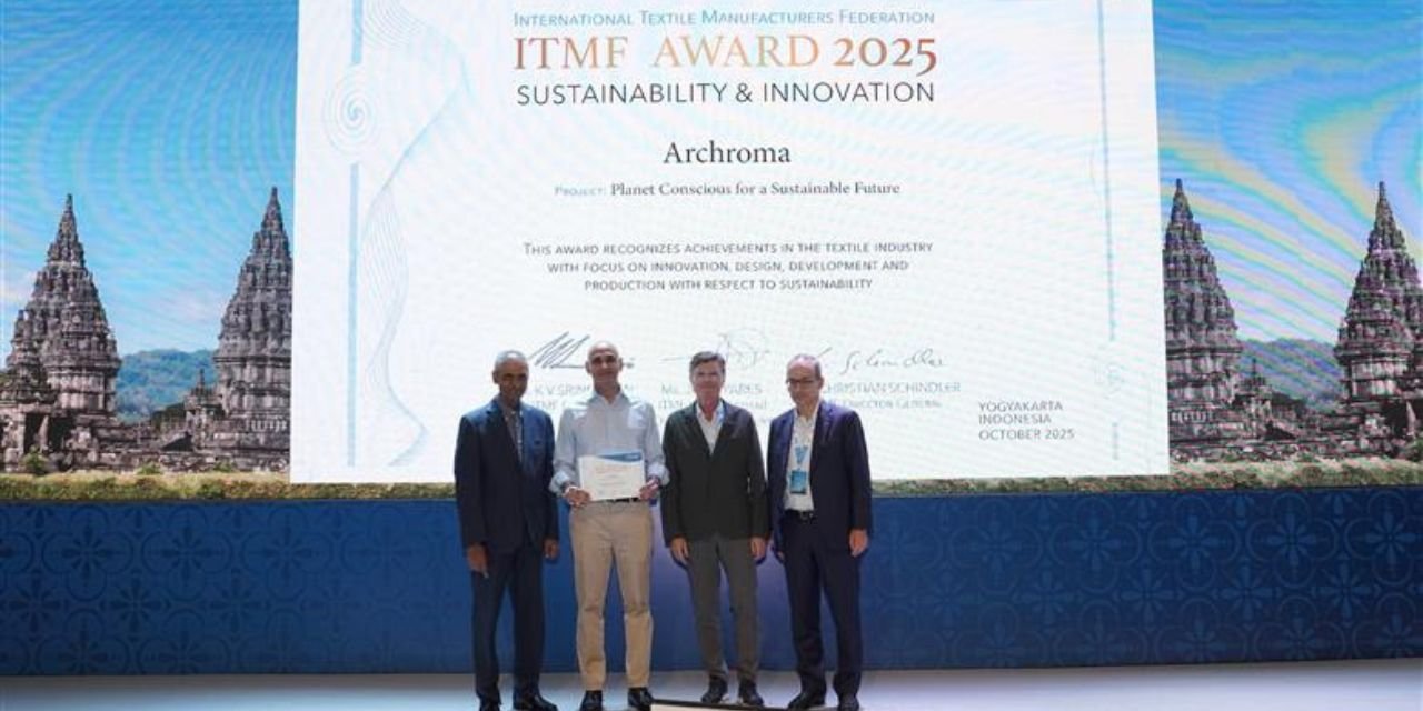 techtextoday's tweet card. Archroma earns ITMF’s 2025 Sustainability & Innovation Award for DENIM HALO, a low-impact process transforming distressed denim production.