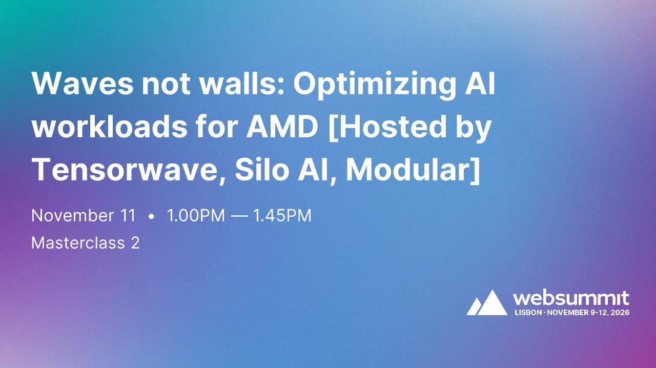 Modular's tweet card. Waves not walls: Optimizing AI workloads for AMD [Hosted by Tensorwave, Silo AI, Modular] | Web...
