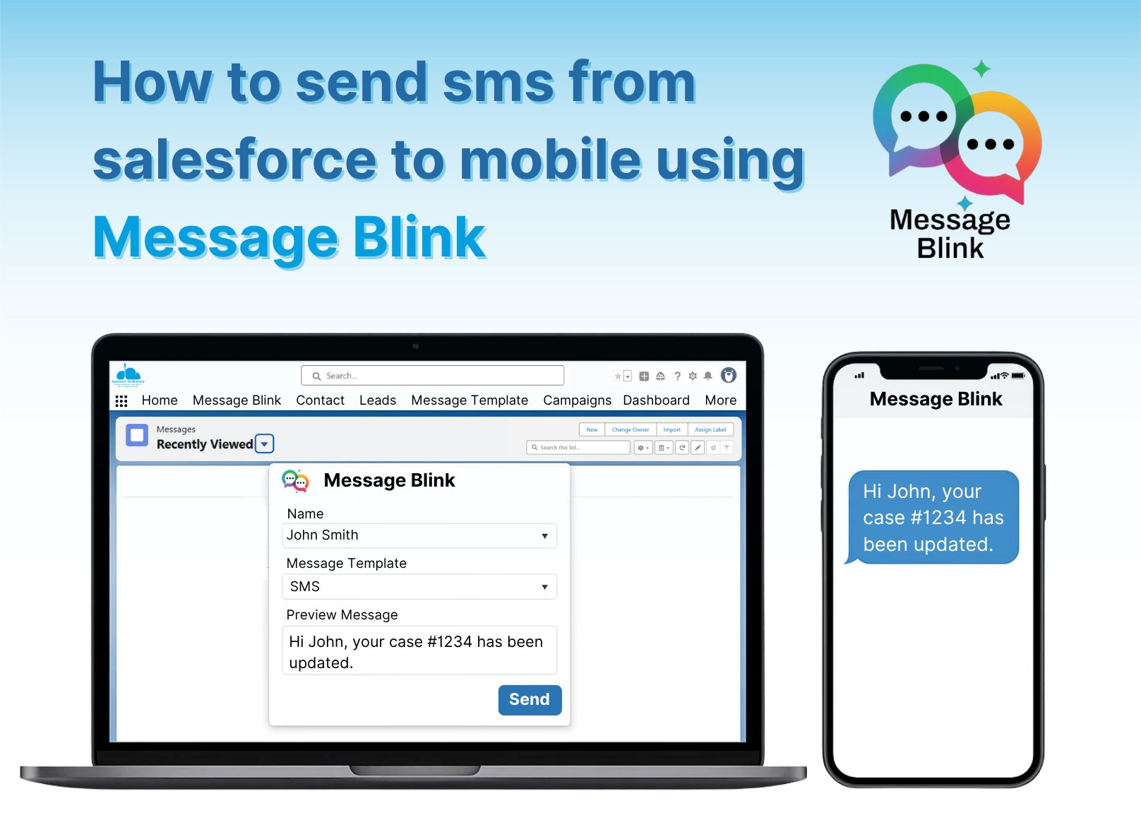 messageblinkk's tweet card. Learn how to send SMS from Salesforce to mobile using Message Blink. 100% Native, bulk messaging, WhatsApp support & 30-day free trial. Setup in 5 minutes.