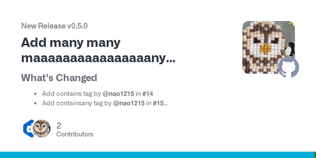 ARC_AED's tweet card. What's Changed Add contains tag by @nao1215 in #14 Add containsany tag by @nao1215 in #15 Bump golang.org/x/text from 0.18.0 to 0.19.0 by @dependabot[bot] in #16 Bump github.com/nicksnyder/go-...