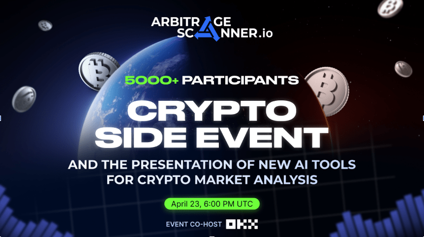 kriptomedia's tweet card. 2025. gada 23. aprīlī notiks kripto pasākums, kas tiks tiešraidē pārraidīts globālai auditorijai. ArbitrageScanner gatavojas prezentēt mākslīgā intelekta (AI)