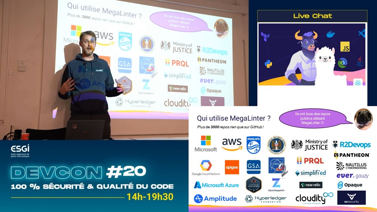 NicolasVuillamy's tweet card. MegaLinter Presentation at DevCon 20 by Programmez Magazine (FR)