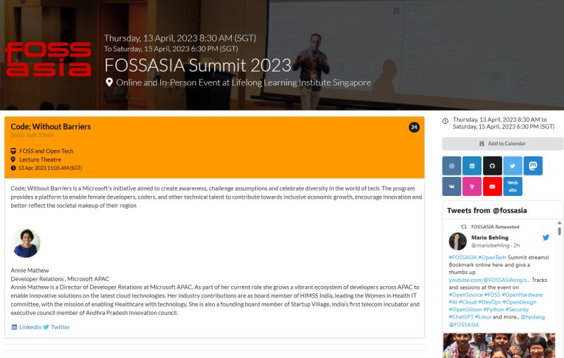 AnnpMathew's tweet card. Excited about #FOSSASIA Summit 2023, I'll be there on April 13th talking about #inclusion being an imperative in #opensource #ai #communities and avenues to contribute #codewithoutbarriers #microso...