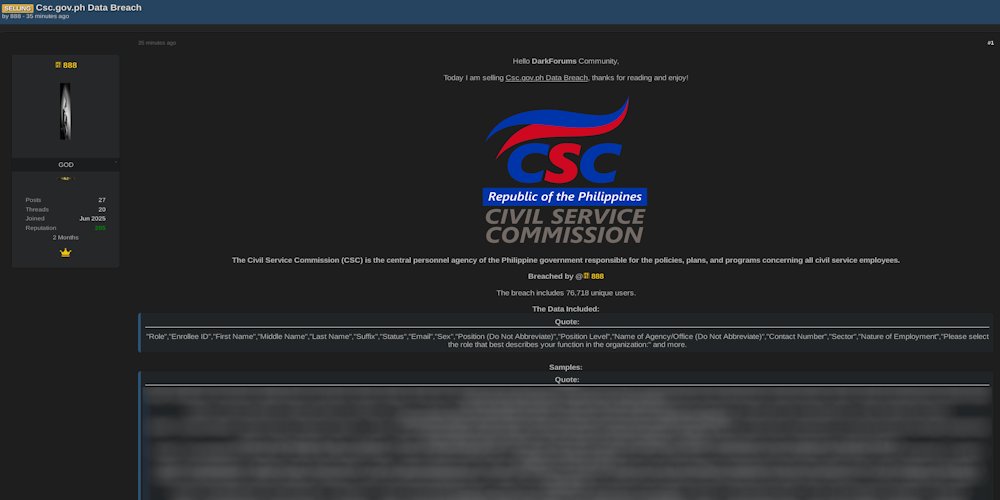 TweetThreatNews's tweet card. A threat actor named 888 claimed to have sold a leaked database from the Civil Service Commission of the Philippines in August 2025. The dataset includes over 76,000 records with sensitive employee...