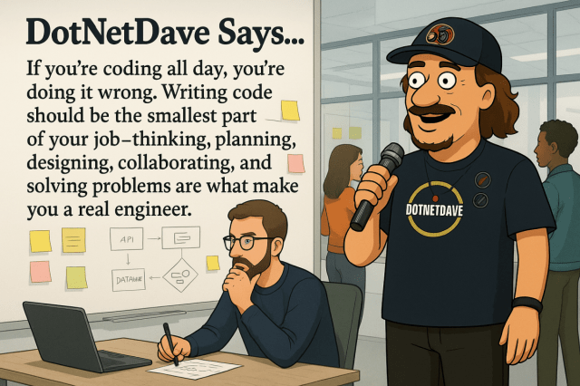realDotNetDave's tweet card. The article argues that true software engineering involves critical thinking, problem-solving, and planning, rather than just coding. It emphasizes the importance of design, mentorship, and effecti…