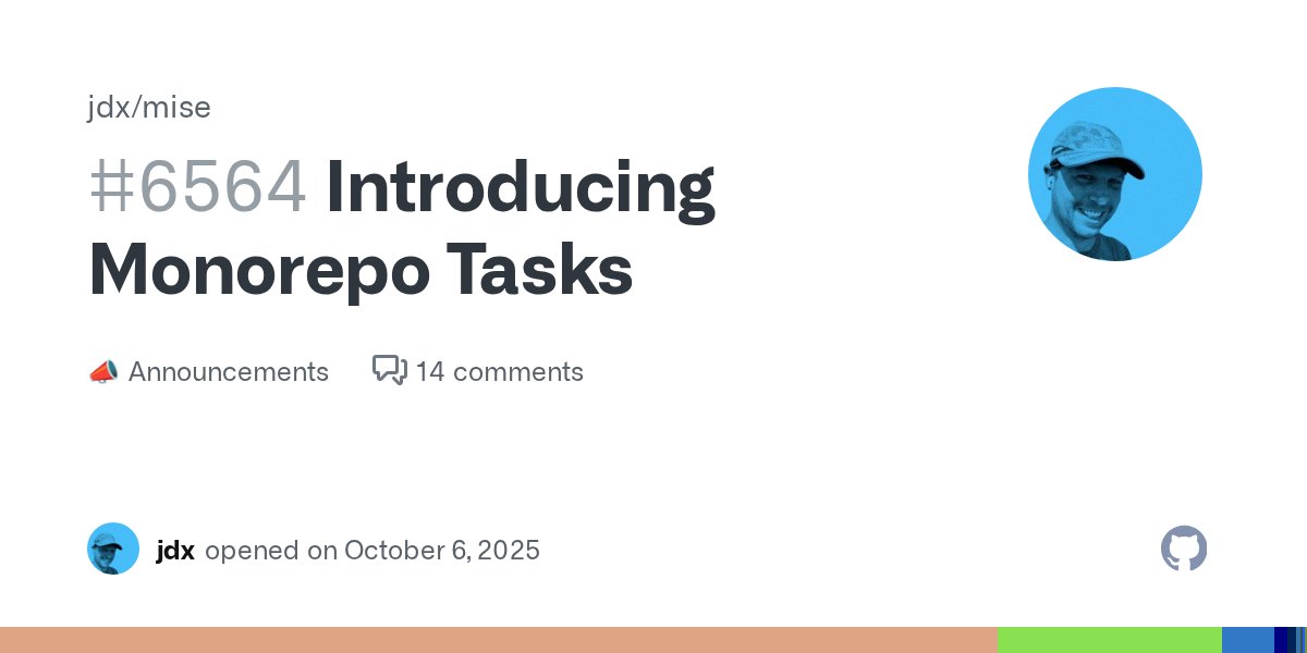 jdxcode's tweet card. We're excited to announce Monorepo Tasks, a powerful new feature that brings first-class monorepo support to mise tasks! 🚀 What is it? Monorepo Tasks allows you to manage tasks across multiple ...