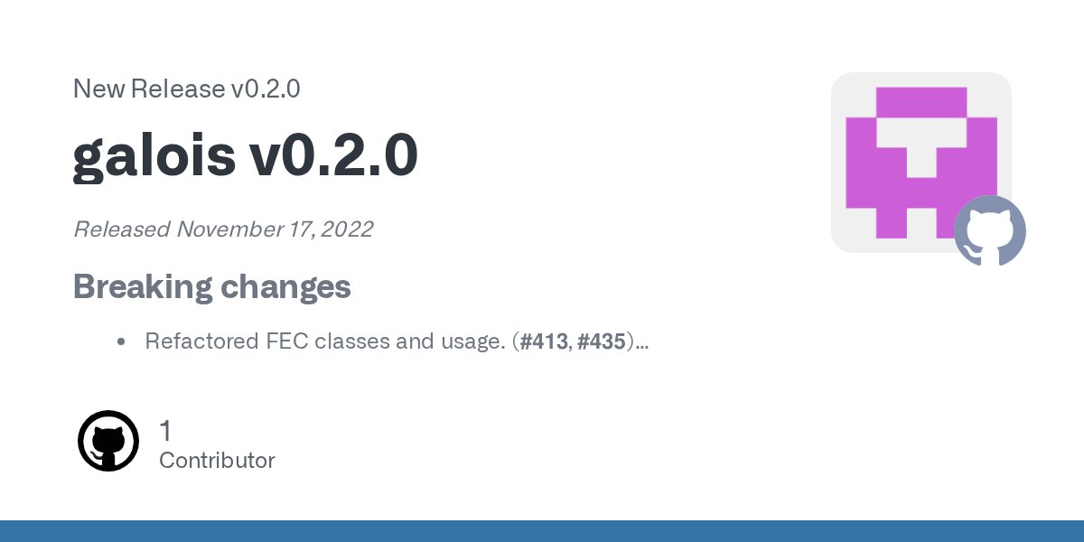 galois_py's tweet card. Released November 17, 2022 Breaking changes Refactored FEC classes and usage. (#413, #435) Modified BCH codes to support q-ary, non-primitive, and non narrow-sense codes. Modified ReedSolomon...