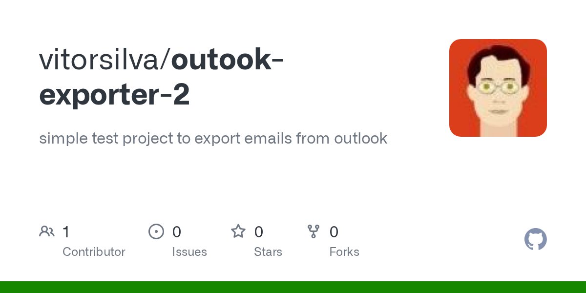 vitorsilva's tweet card. simple test project to export emails from outlook. Contribute to vitorsilva/outook-exporter-2 development by creating an account on GitHub.