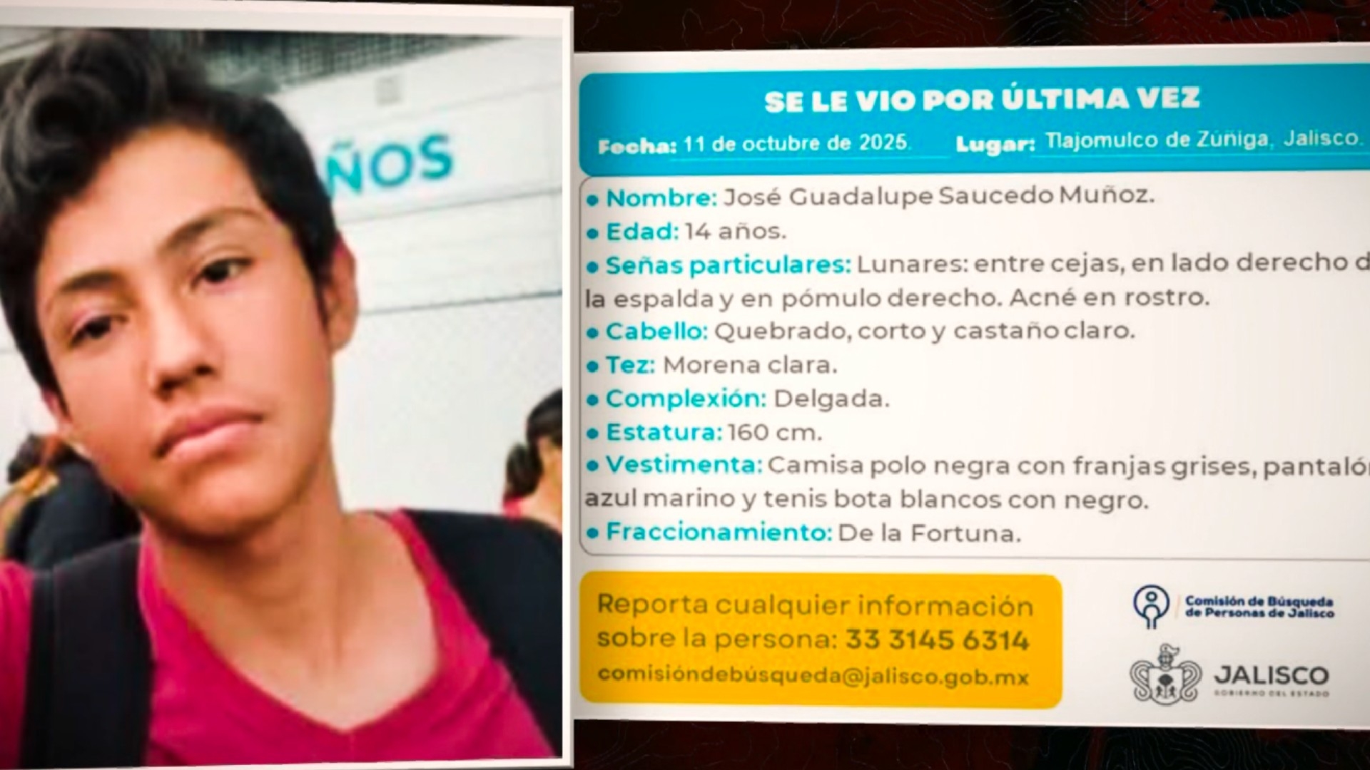 joraplas's tweet card. Un padre de familia está buscando a su hijo de 14 años, quien desapareció después de salir de su casa en la colonia La Fortuna, en Tlajomulco, el 11 de octubre