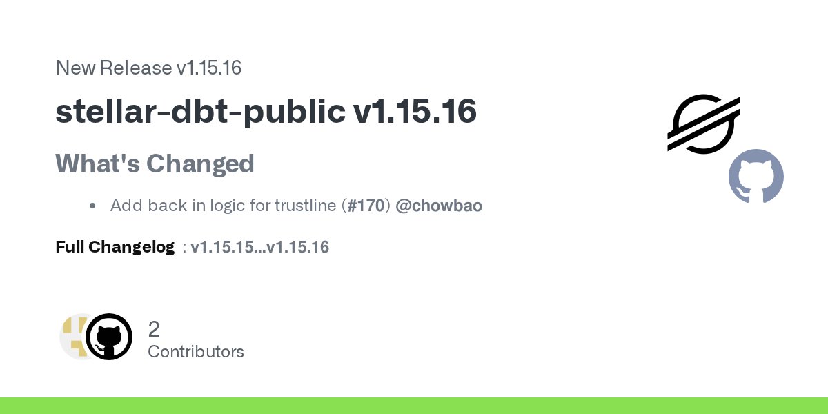 StellarRelease's tweet card. What's Changed Add back in logic for trustline (#170) @chowbao Full Changelog: v1.15.15...v1.15.16