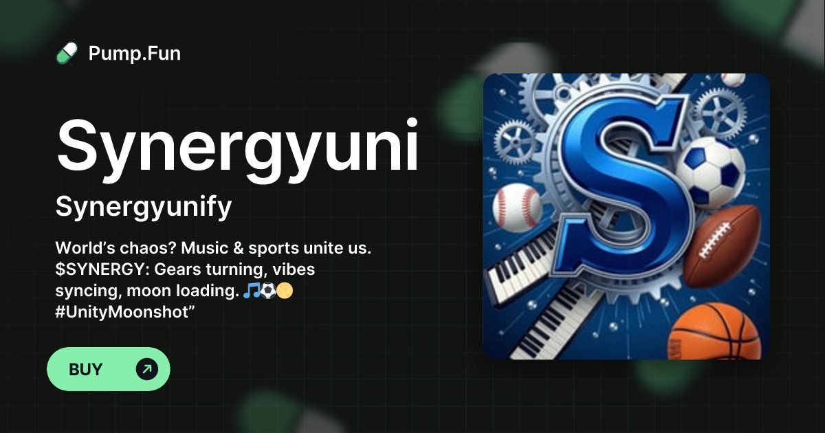 SynergyUnity's tweet card. World’s chaos? Music & sports unite us. $SYNERGY: Gears turning, vibes syncing, moon loading. 🎵⚽🌕 #UnityMoonshot”