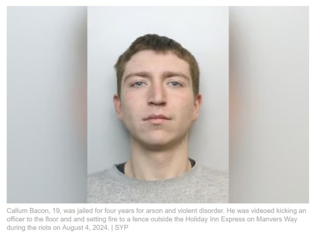 BrexitFailed's tweet card. An 18-year-old boy who set fire to a fence and threw missiles at officers at the Manvers Way riots in 2024 has been jailed for four years. Callum Bacon, now 19, was caught on police bodyworn camera…
