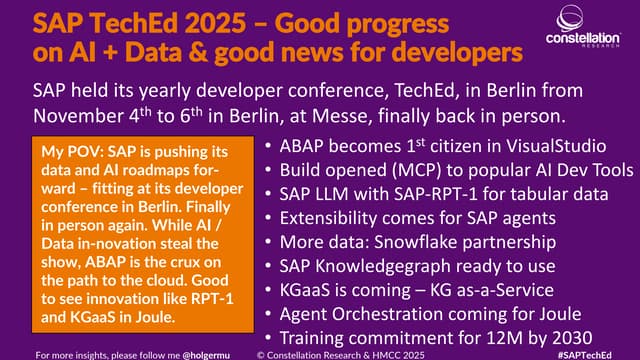 VaughanTA's tweet card. Event Report - SAP TechEd 2025 - Good progress on AI + Data & good...