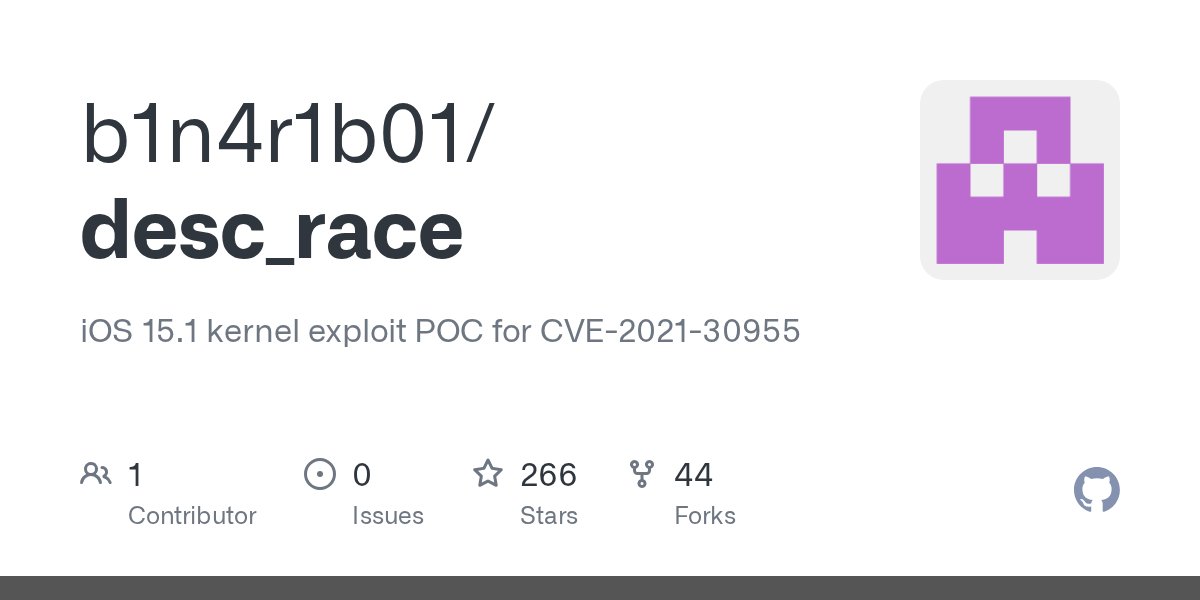 b1n4r1b01's tweet card. iOS 15.1 kernel exploit POC for CVE-2021-30955. Contribute to b1n4r1b01/desc_race development by creating an account on GitHub.