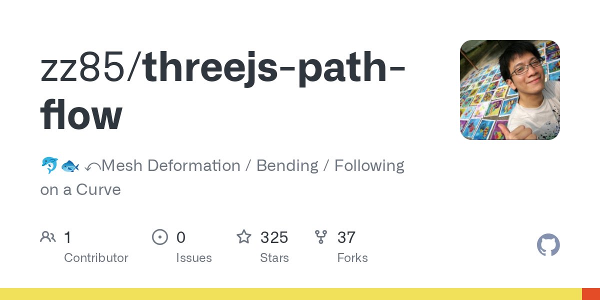 BlurSpline's tweet card. 🐬🐟 ↶Mesh Deformation / Bending / Following on a Curve - GitHub - zz85/threejs-path-flow: 🐬🐟 ↶Mesh Deformation / Bending / Following on a Curve