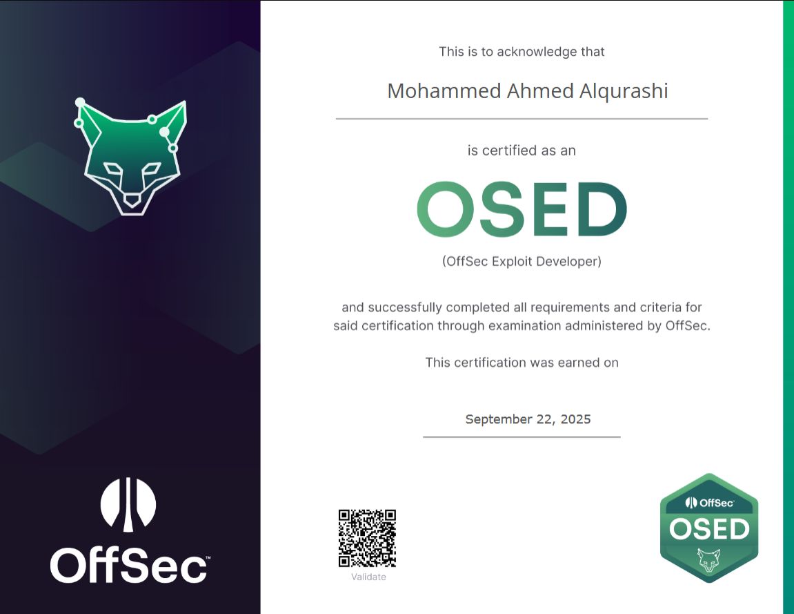 iiq0_'s tweet card. I’m happy to share that I’ve obtained a new certification: OffSec Exploit Developer (OSED) from OffSec! | 149 comments on LinkedIn