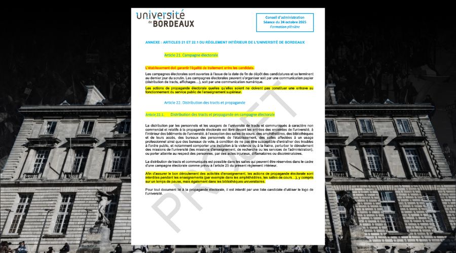RevPermanente's tweet card. Alors que les élections des conseils centraux approchent à l'université de Bordeaux, la présidence a proposé un amendement au règlement intérieur, visant à réprimer les « actions de propagande ». Une...