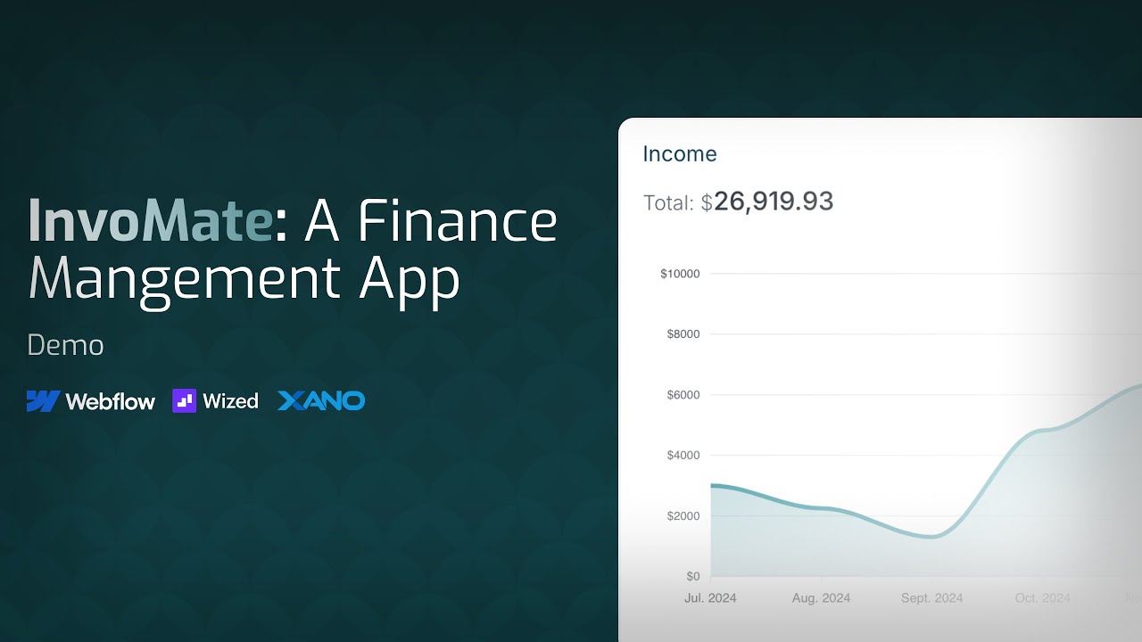 lowcodeapps_'s tweet card. Invomate: A Finance Management App built with Webflow, Wized and Xano...