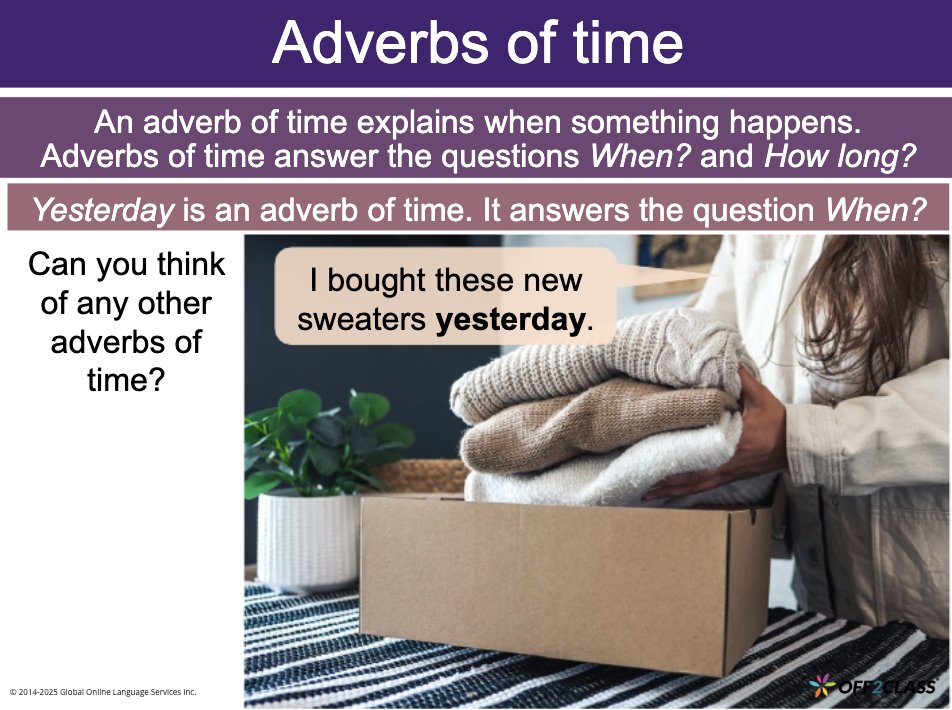 Off2Class's tweet card. Have you taught your students adverbs of time yet? Download this FREE ESL lesson plan and start teaching adverbs of time today!