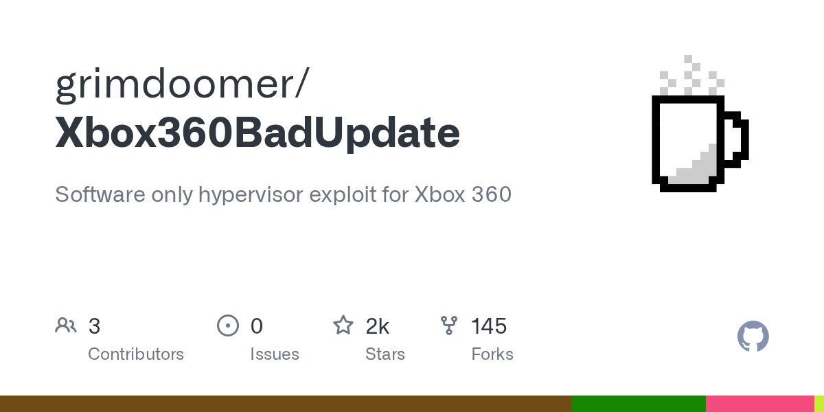 Grimdoomer's tweet card. Software only hypervisor exploit for Xbox 360. Contribute to grimdoomer/Xbox360BadUpdate development by creating an account on GitHub.