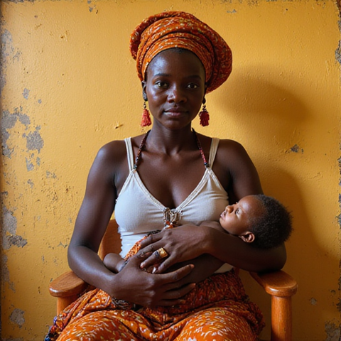 mckevinayaba's tweet card. A powerful and intimate portrait capturing the essence of African motherhood. This evocative image features a regal Black woman dressed in vibrant tra...