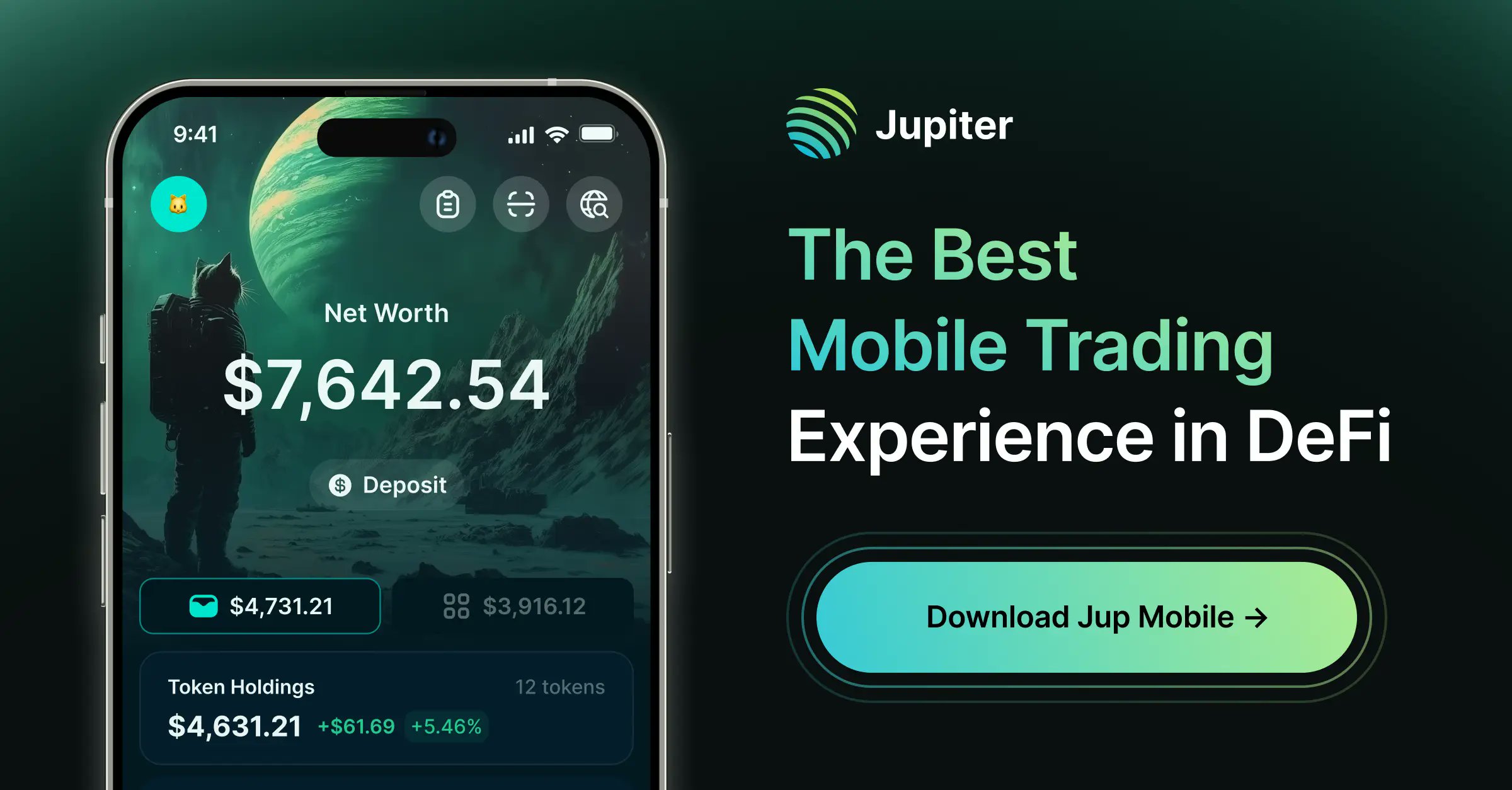 JupiterExchange's tweet card. Jup Mobile is the top Solana wallet to buy crypto, trade memecoins, manage DeFi positions, and grow your portfolio. 10x lower fees and gasless.