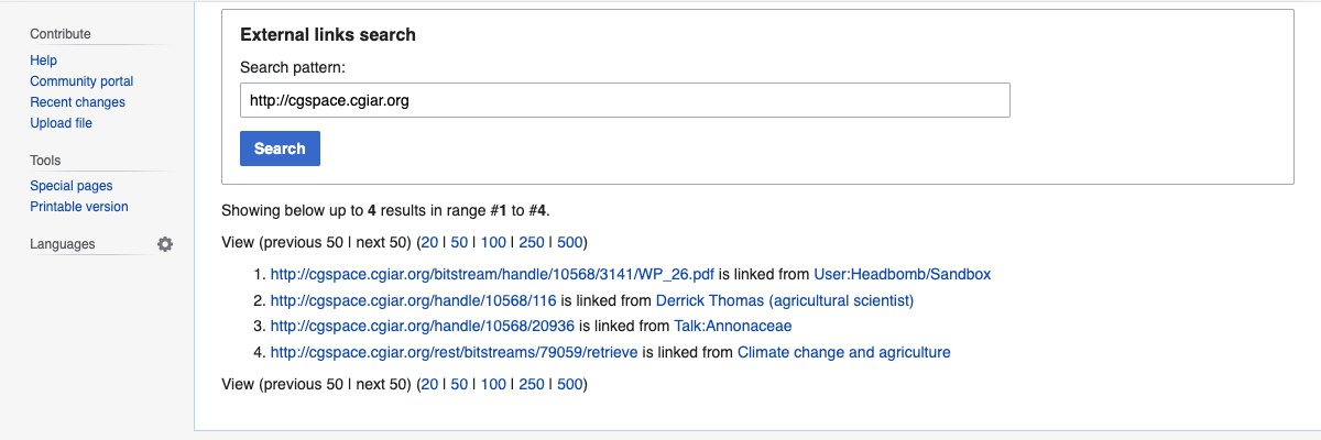 atmire's tweet card. Find out which pages on Wikipedia are linking to your repository content.