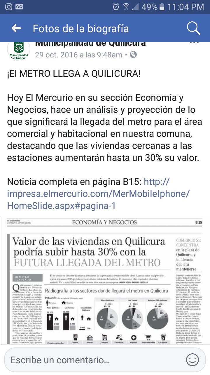 LanguageChile's tweet card. El valor de la vivienda en Quilicura podría subir hasta 30% con la llegada del metro!