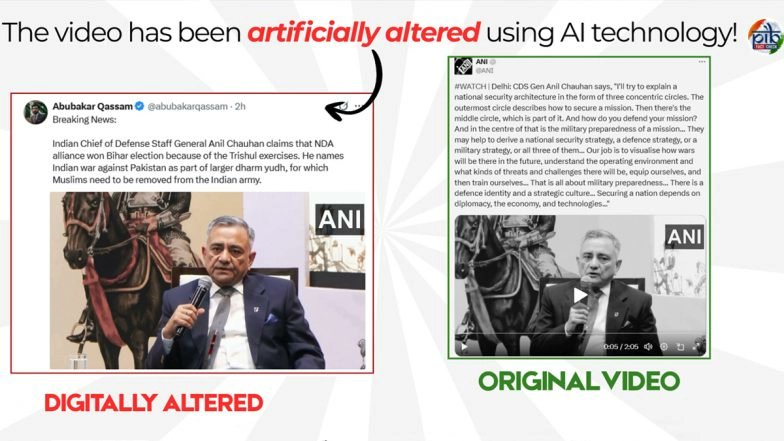 latestly's tweet card. Days after the NDA's landslide victory in the Bihar Assembly Elections 2025, a video of Chief of Defence Staff (CDS) Anil Chauhan has been circulating on social media, claiming he said the alliance...