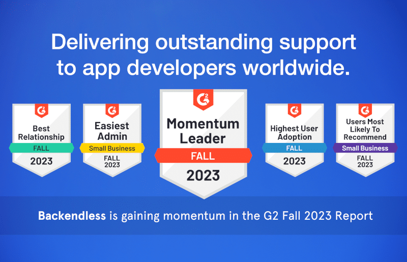 Backendless's tweet card. Backendless earns 16 badges in the Fall 2023 G2 reports, showcasing the platform's excellent developer support, ease of use, and customer satisfaction.