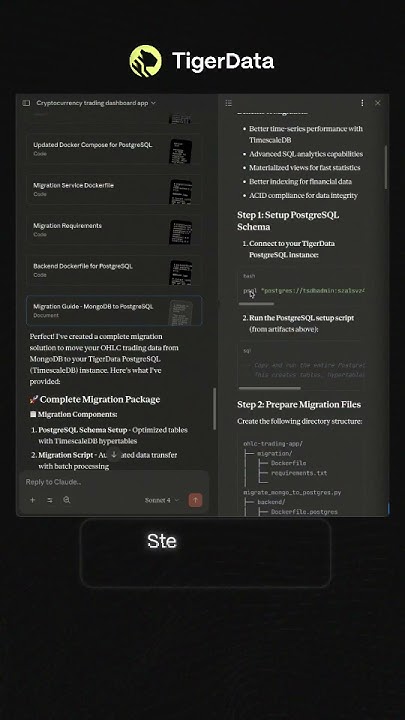 TigerDatabase's tweet card. Claude Migrated a MongoDB app to TimescaleDB in just 2 Steps