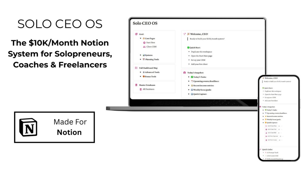 PrachiNotion's tweet card. 💼 Solo CEO OS — Your Entire Business, in One Notion Dashboard Built for solopreneurs, coaches, freelancers, and creators who want to scale to $10K+ months without burnout or a team.💰 $149 —...