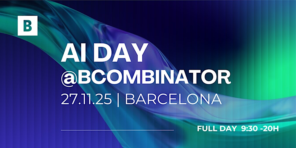 bcombinator_'s tweet card. Descubre cómo aplicar IA en tu negocio con casos reales, workshops y demos. Un día 100% práctico para pasar a la acción