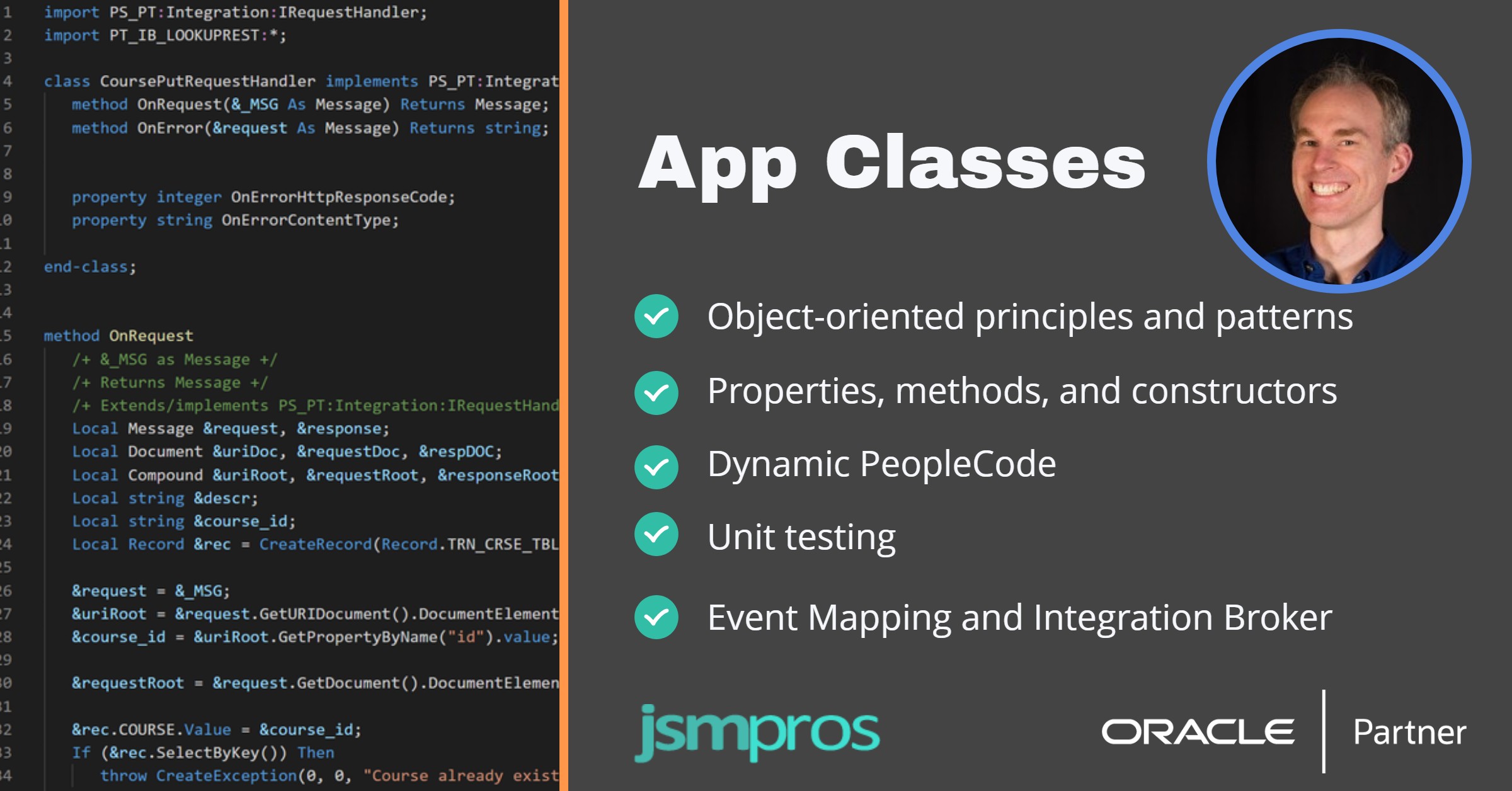 jsmpros's tweet card. Application Classes are the foundation for many new PeopleTools features including AWE, Integration Broker Handlers, Event Mapping, and Chatbot Application Services.