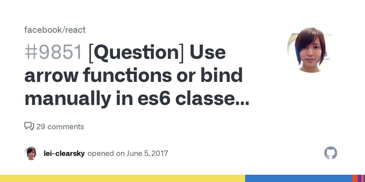 mpjme's tweet card. In terms of performance, is there any difference between using arrow functions and bind manually when using es6 classes? Using arrow functions the methods are not on the class prototype, it will be...