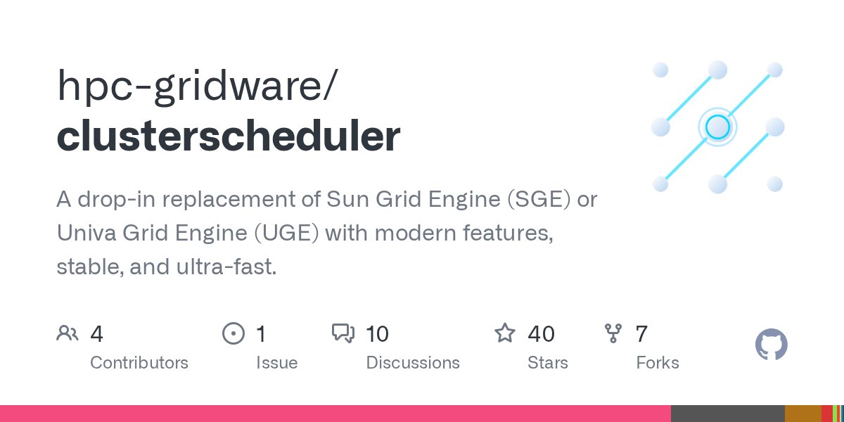 HPC_Gridware's tweet card. A drop-in replacement of Sun Grid Engine (SGE) or Univa Grid Engine (UGE) with modern features, stable, and ultra-fast. - GitHub - hpc-gridware/clusterscheduler: A drop-in replacement of Sun Gri...