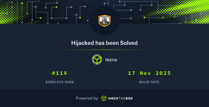 tresscrossnet's tweet card. I have just solved sherlock Hijacked from Hack The Box