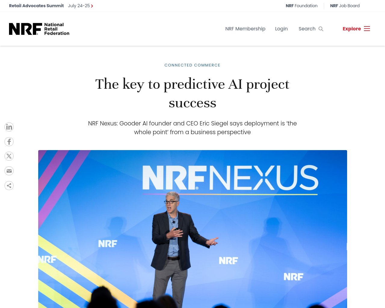 managetech_inc's tweet card. Gooder AIの創設者兼CEOであるEric SiegelがNRF Nexus 2024で講演。 予測AI