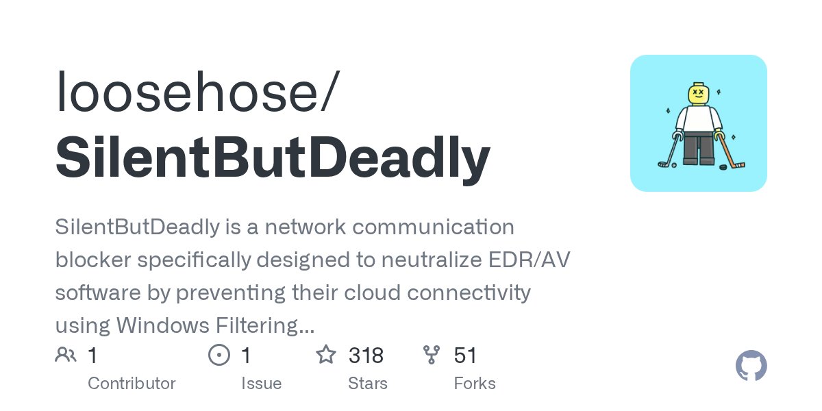 ipurple's tweet card. SilentButDeadly is a network communication blocker specifically designed to neutralize EDR/AV software by preventing their cloud connectivity using Windows Filtering Platform (WFP). This version fo...