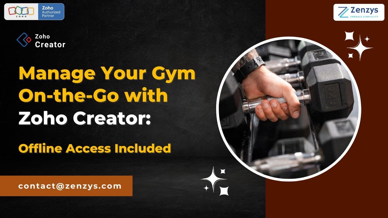 ZenzysCo's tweet card. Manage your gym on the go with Zoho Creator's offline capabilities.