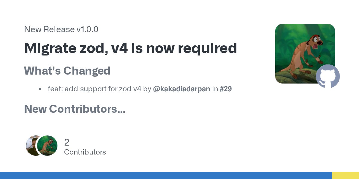 chronark_'s tweet card. What's Changed feat: add support for zod v4 by @kakadiadarpan in #29 New Contributors @kakadiadarpan made their first contribution in #29 Full Changelog: v0.3.10...v0.4.0