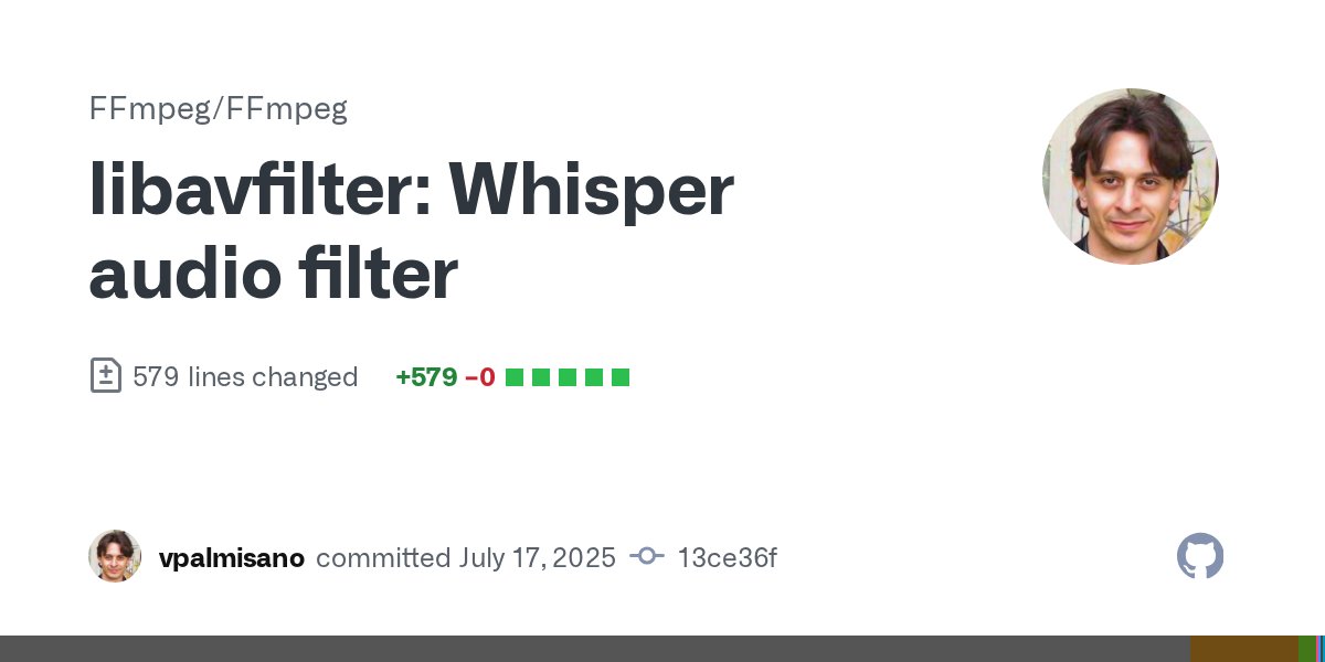 ggerganov's tweet card. It adds a new audio filter for running audio transcriptions with the whisper model. Documentation and examples are included into the patch.